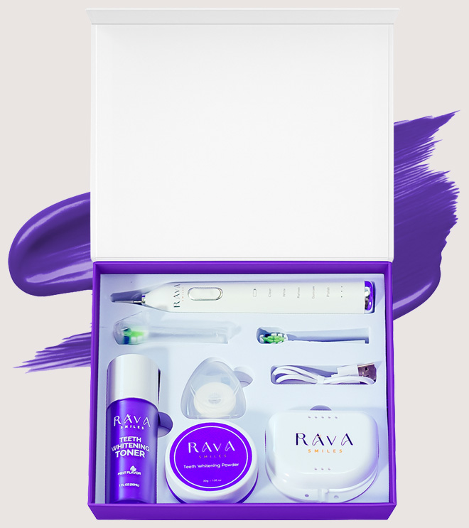 the Rava Smiles Vanner Aftercare Kit containing an electric toothbrush, Teeth Whitening Powder, Teeth Whitening Toner, night guards and floss