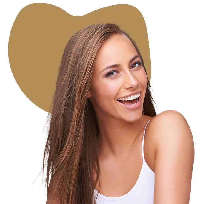 smiling woman with long hair against a color background bright smile beauty confident cheerful expression